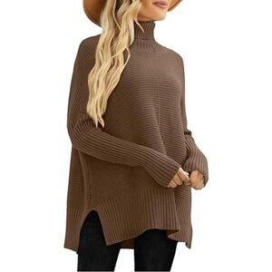 NWT WOMENS RIBBED KNIT TURTLENECK SIDE SPLIT BROWN SWEATER